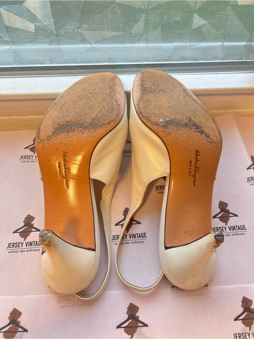 Salvatore Ferragamo Cream Leather Slingback Peep-Toe Heels - Picture 3 of 5